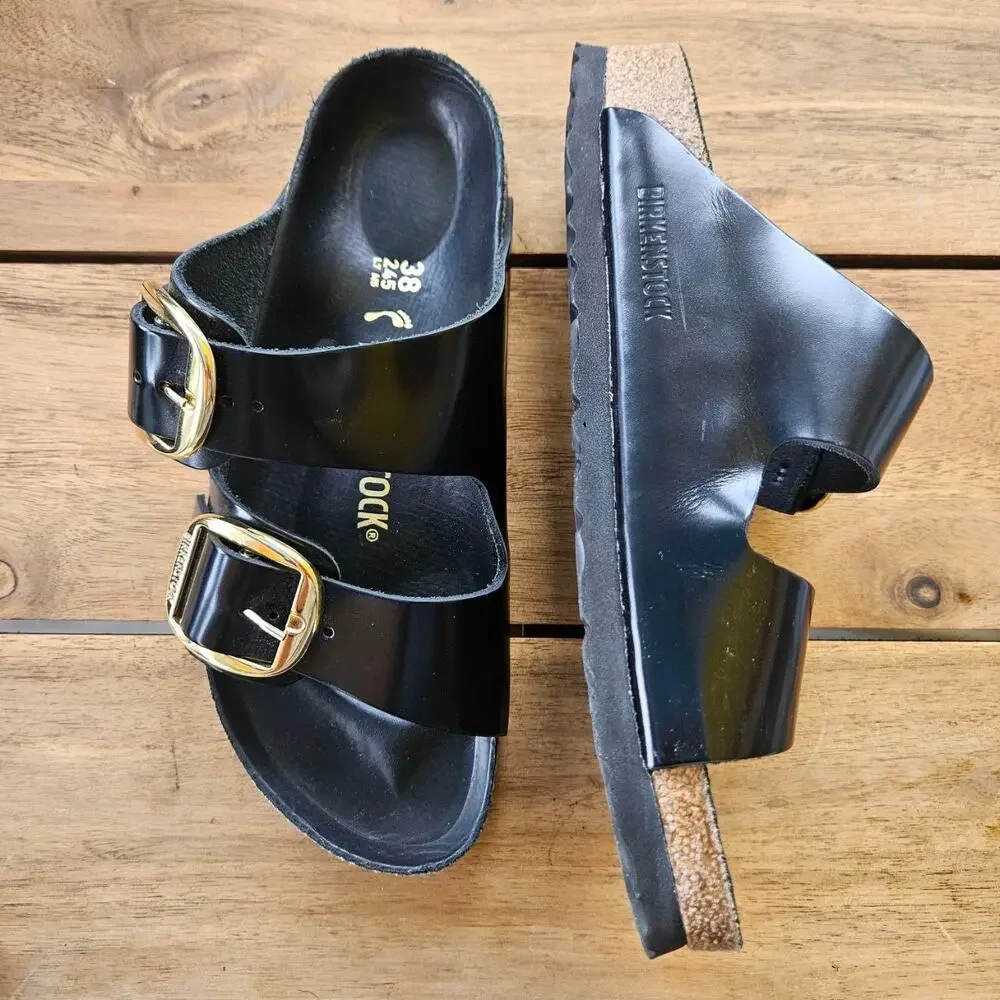 NWOT Birkenstock Arizona Big Buckle Patent Leather Sandals Black Gold EU 38
